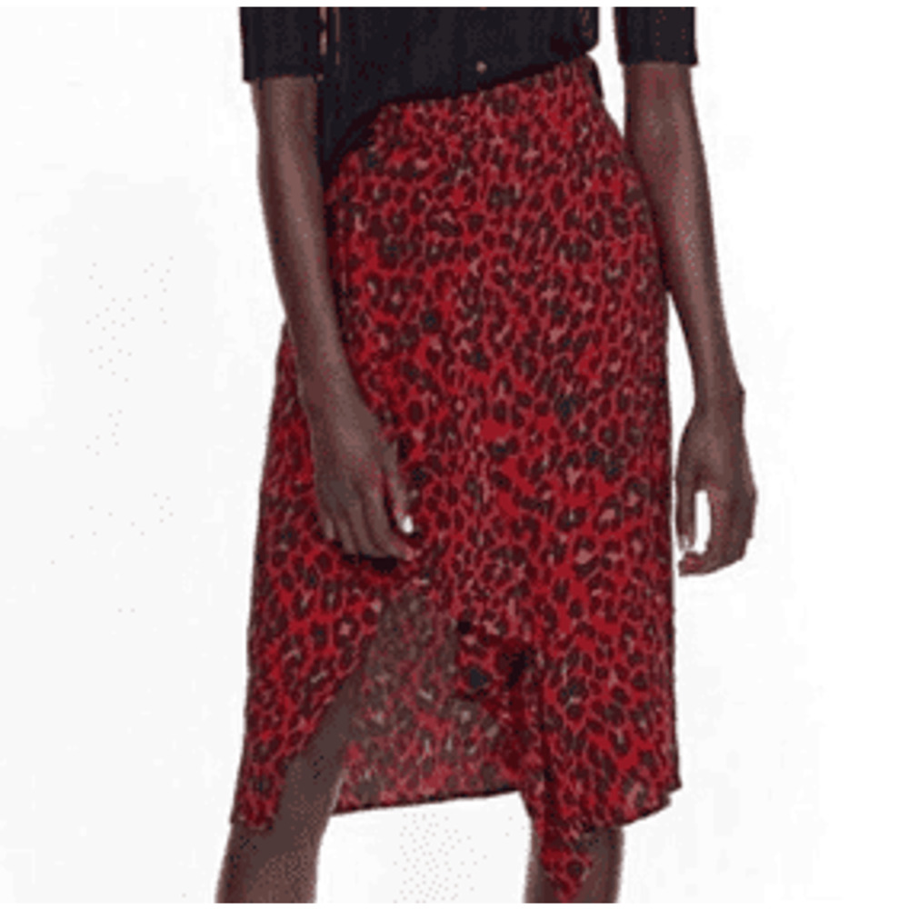 Zara Red Leopar Faux Wrap Skirt, M, Sz 28